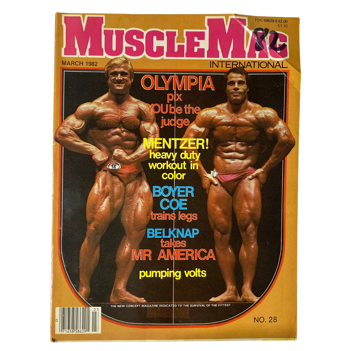 Cover of MuscleMag International Magazine March 1982 No. 28 featuring Franco Columbu and Tom Platz, highlighting Olympia contest coverage, heavy duty workouts, and training insights.