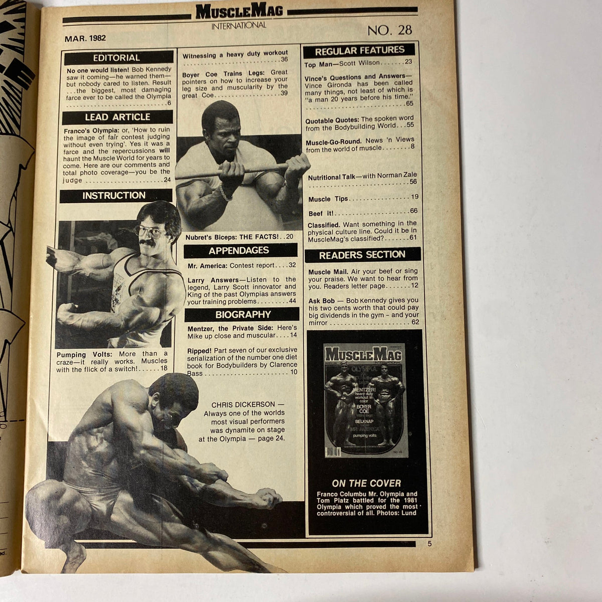 Interior page from MuscleMag International Magazine March 1982 No. 28 showcasing editorial content, biographies, instructional articles, and the regular features of the magazine.
