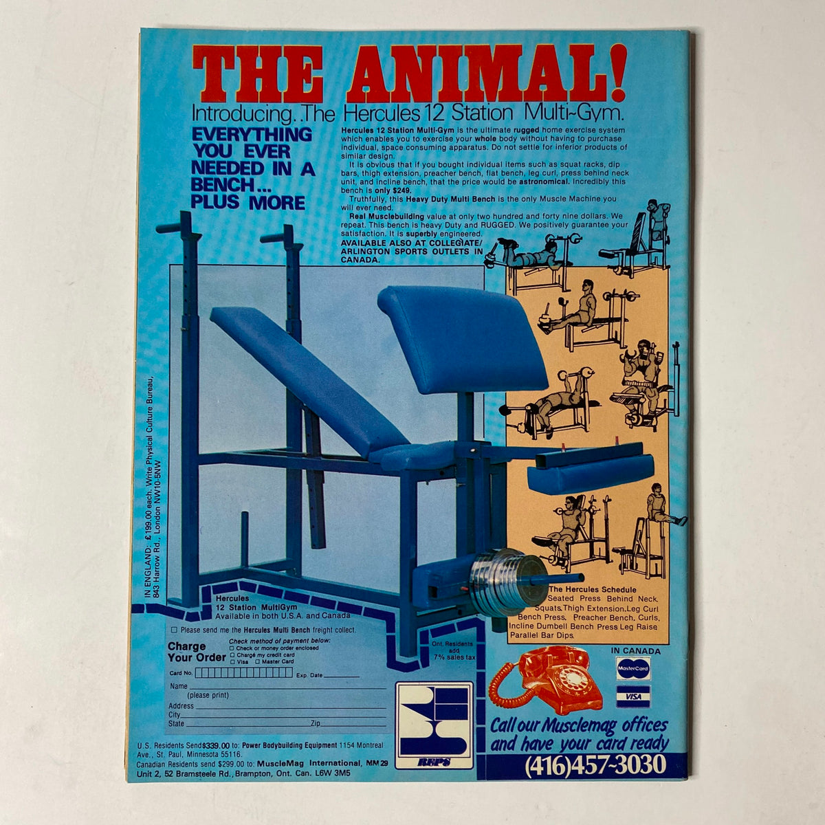MuscleMag International Magazine May 1982 ad for 'The Animal' Hercules 12 Station Multi-Gym, highlighting features of the gym equipment.