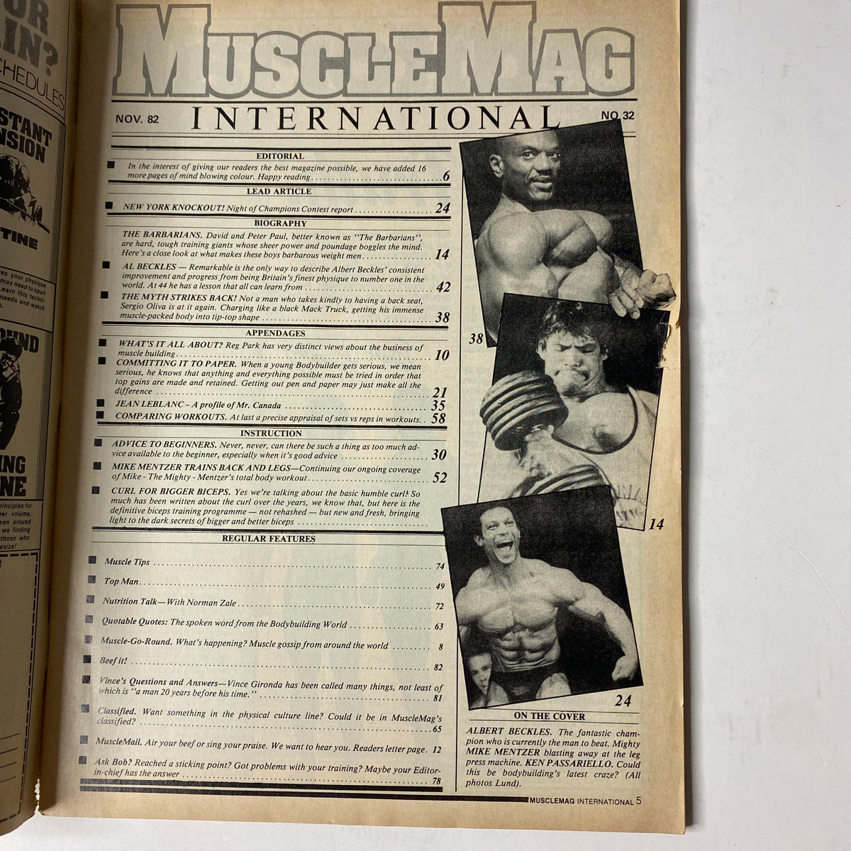 Interior page of MuscleMag International Magazine November 1982 No. 32 displaying the table of contents, including articles on Albert Beckles, the Barbarian Brothers, and training advice.
