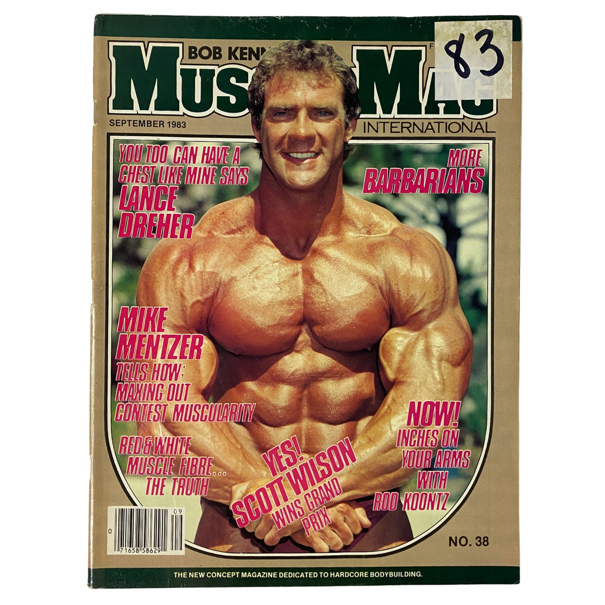 Cover of MuscleMag International Magazine September 1983 No. 38 featuring Scott Wilson with a muscular physique and vibrant tan, showcasing the energy of bodybuilding in the early 1980s.