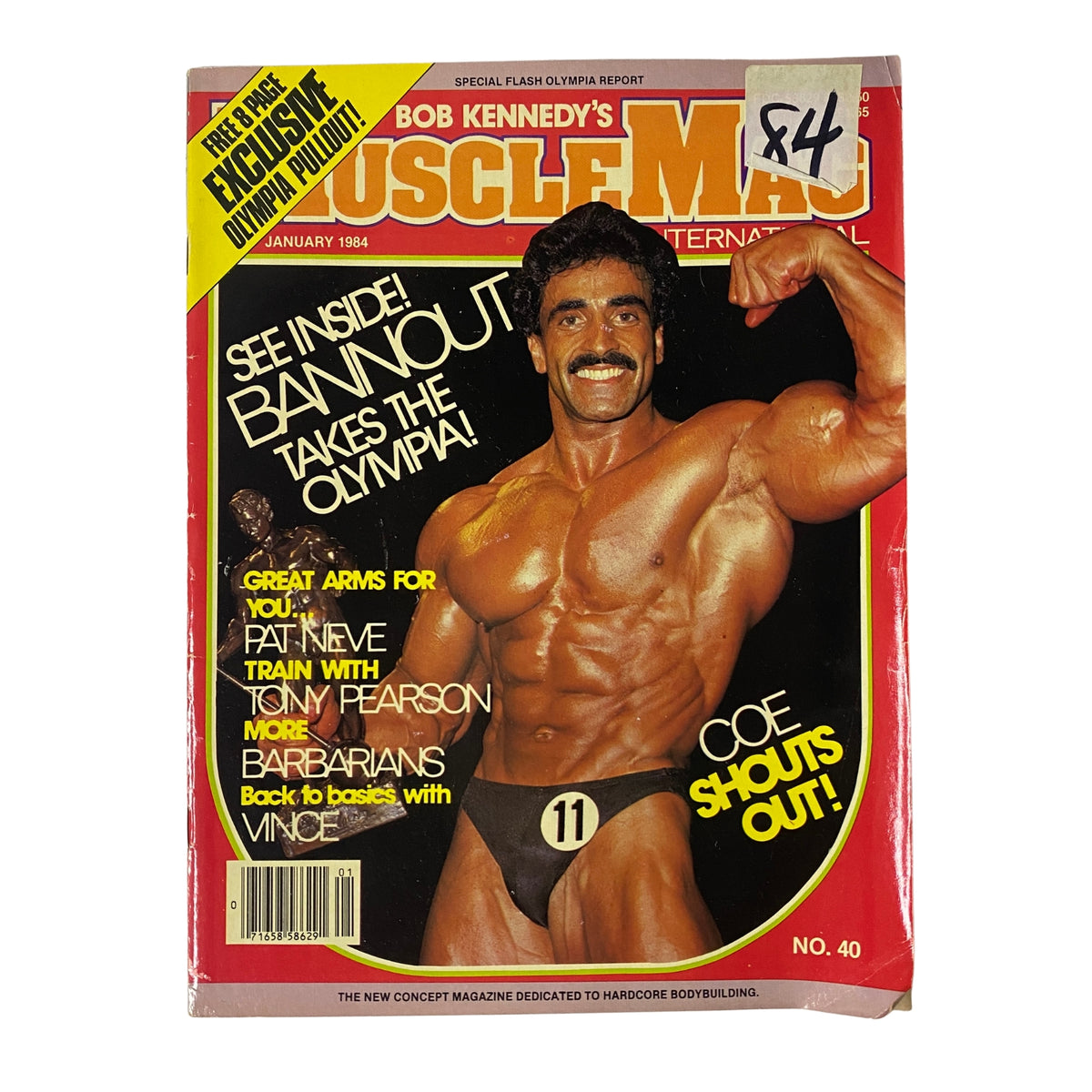 Cover of MuscleMag International Magazine January 1984 No. 40 featuring Mr. Olympia Samir Bannout, showcasing bodybuilding highlights and exclusive training insights.