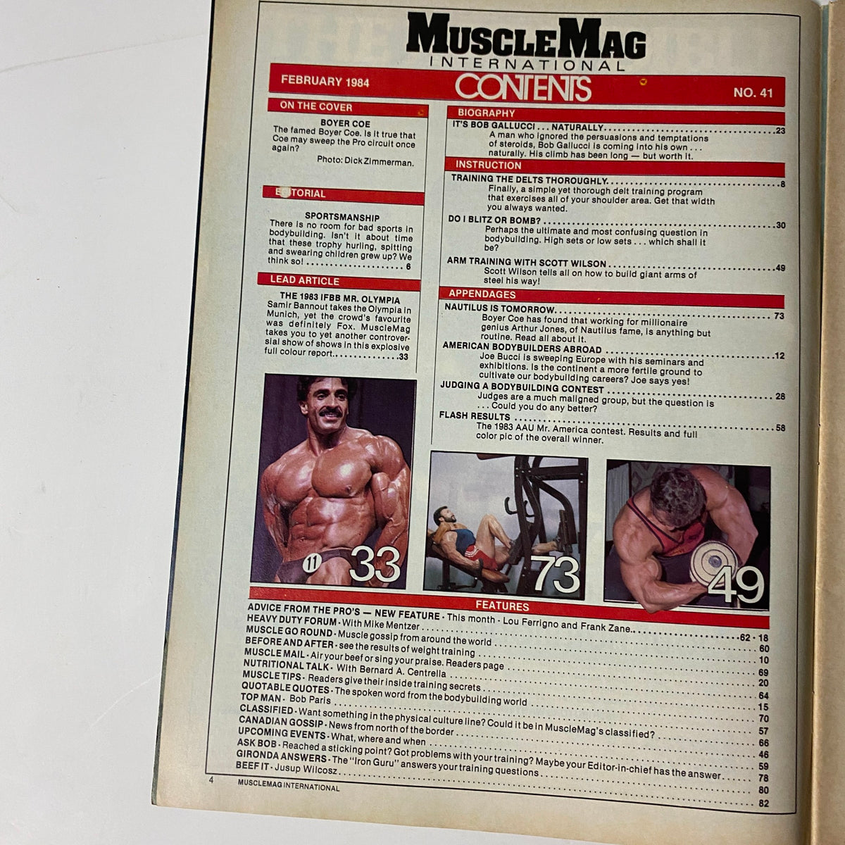 Inside view of MuscleMag International Magazine February 1984 No. 41, detailing contents including training articles, profiles, and coverage of bodybuilding events from the early 1980s.