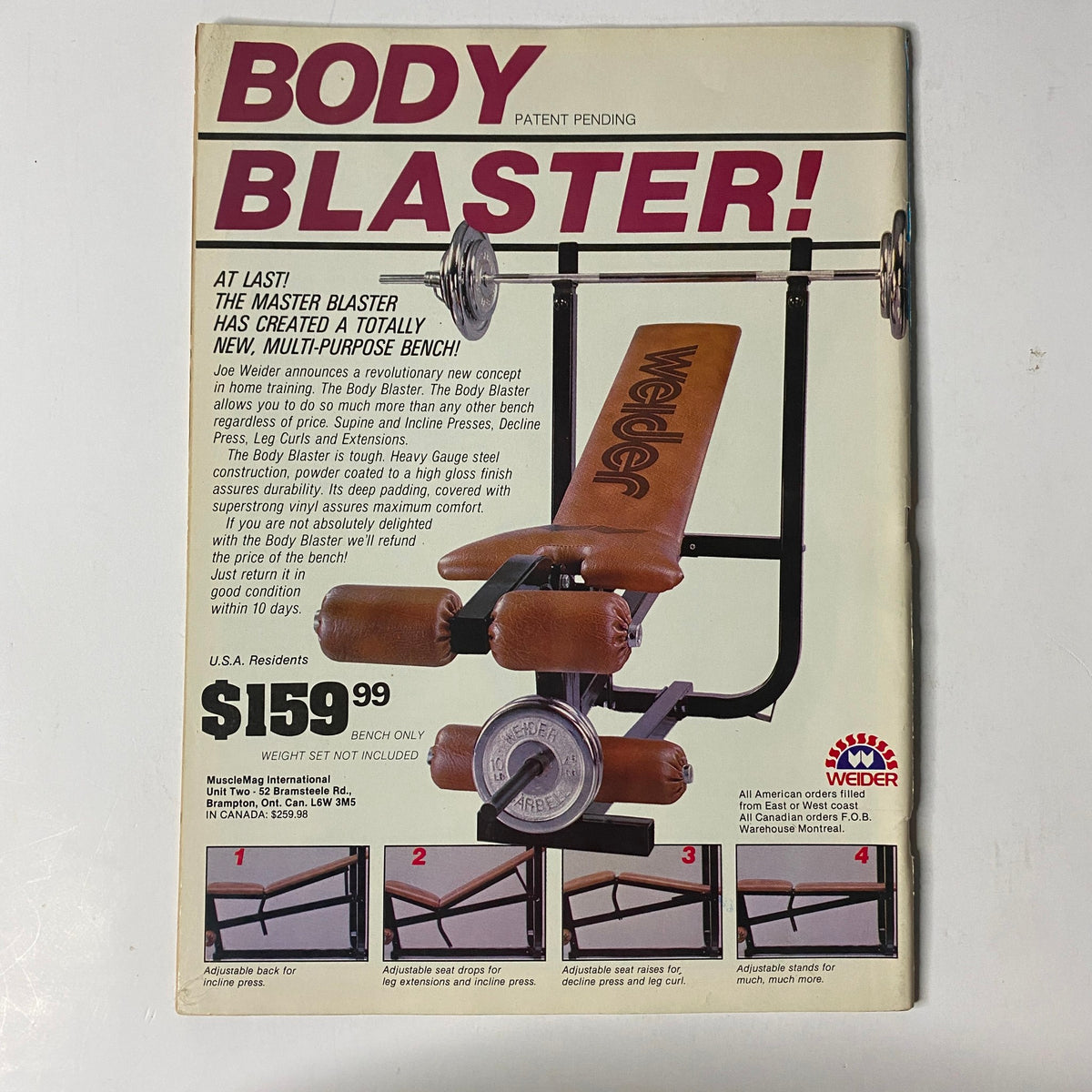 MuscleMag International Magazine May 1984 No. 43 Samir Bannout No Label featuring an advertisement for the 'Body Blaster' multi-purpose bench by Weider, showcasing fitness equipment for bodybuilding enthusiasts.