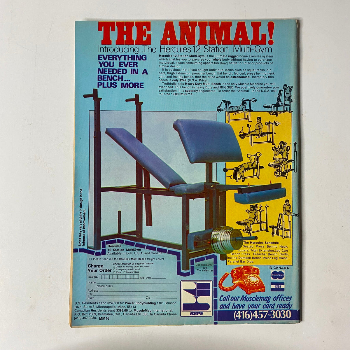 Hercules 12 Station Multi-Gym advertisement, titled 'THE ANIMAL', showcasing a versatile bench with exercise illustrations. This ad is featured in the MuscleMag International Magazine October 1984 No. 46 Sergio Oliva.
