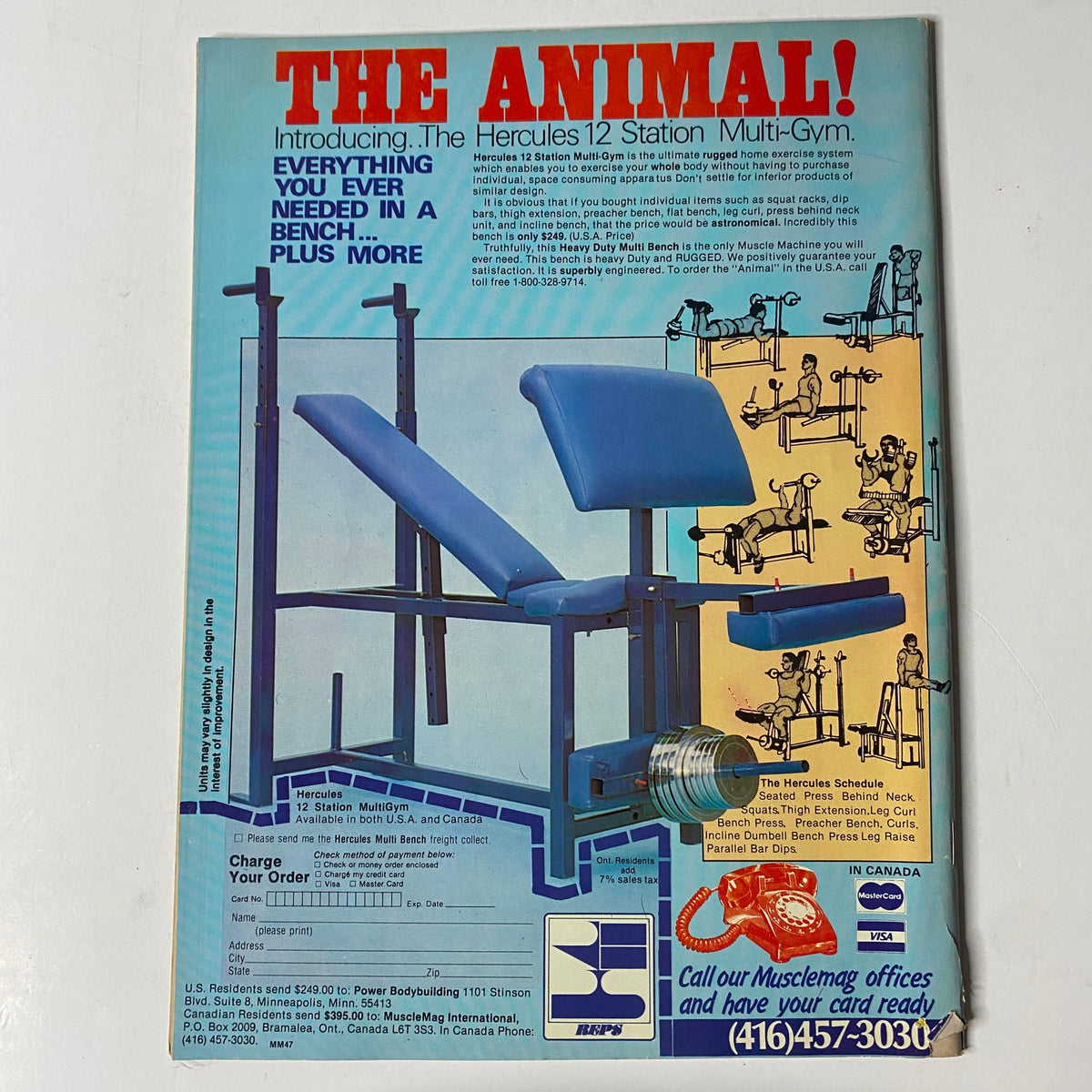 Back cover advertisement of MuscleMag International Magazine December 1984 No. 47 promoting the Hercules 12 Station Multi-Gym and showcasing various workout exercises.