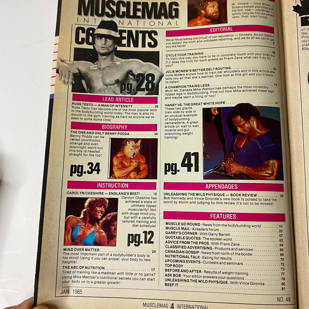 MuscleMag International Magazine January 1985 No. 48 featuring contents including articles on Russ Testo, Benny Podda, Carolyn Cheshire, and more, showcasing the vibrant bodybuilding community.
