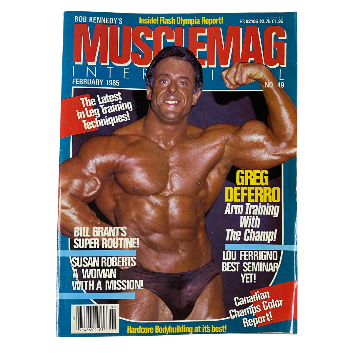 Cover of MuscleMag International Magazine February 1985 No. 49 featuring Greg DeFerro showcasing his impressive physique, along with headlines about training techniques and legendary bodybuilders.