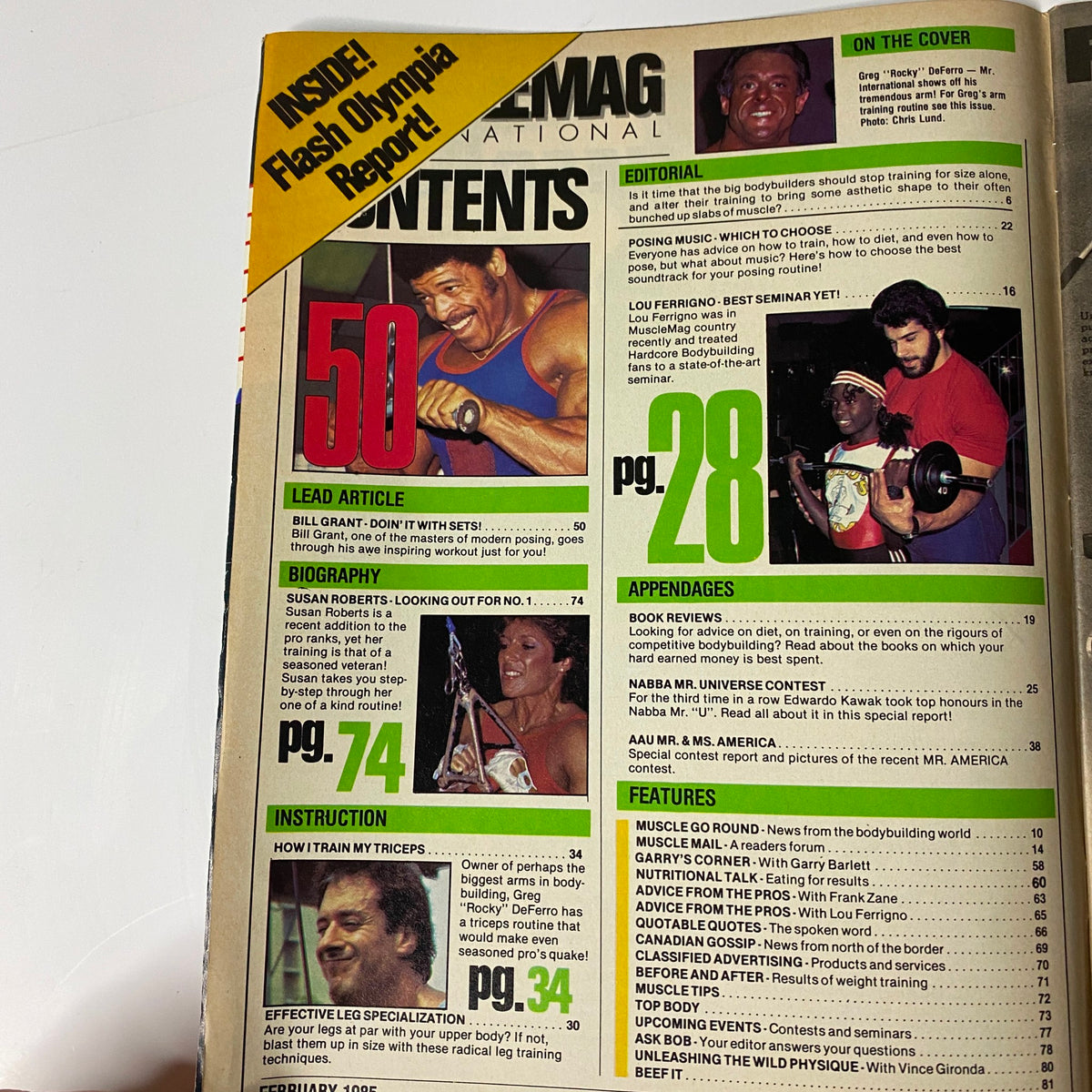 Contents page of MuscleMag International Magazine February 1985 No. 49, highlighting articles including lead article by Bill Grant and features on training, biographies, and bodybuilding events.