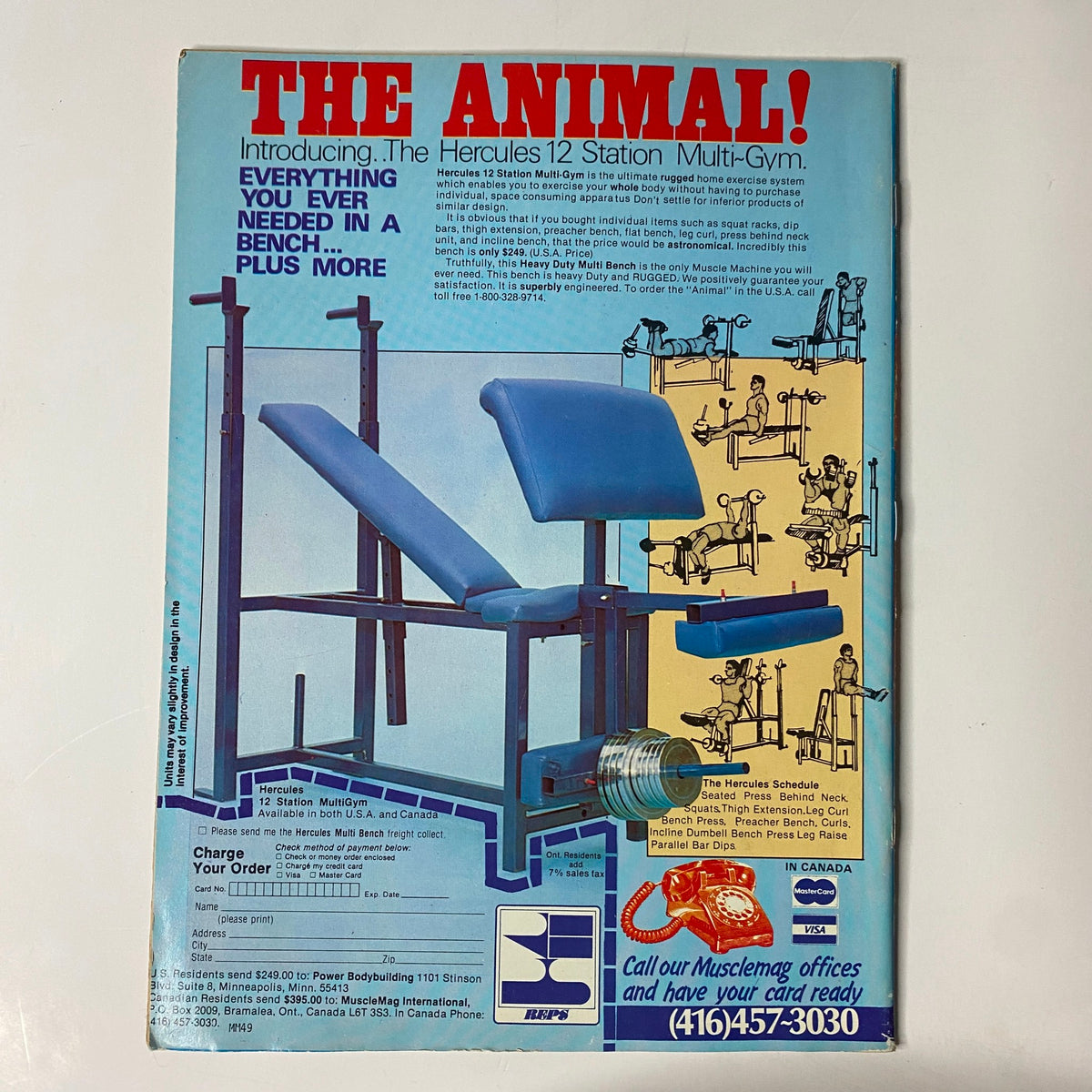Back cover of MuscleMag International Magazine February 1985 No. 49, advertising the Hercules 12 Station Multi-Gym, emphasizing its versatility for bodybuilding workouts.