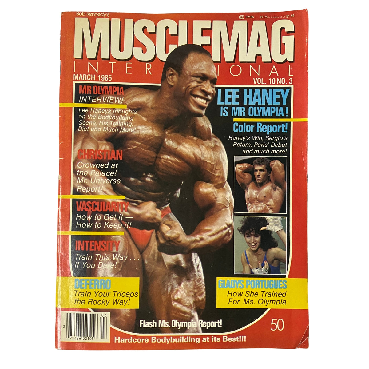 Cover of MuscleMag International Magazine March 1985, Vol. 10 No. 3 featuring Lee Haney, Mr. Olympia. Highlights include interviews, bodybuilding tips, and profiles of athletes.