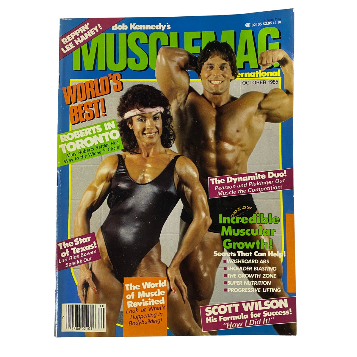 Cover of MuscleMag International Magazine October 1985 featuring Mary Roberts and Bob Birdsong, showcasing topics like women's bodybuilding, training insights, and Scott Wilson's advice.