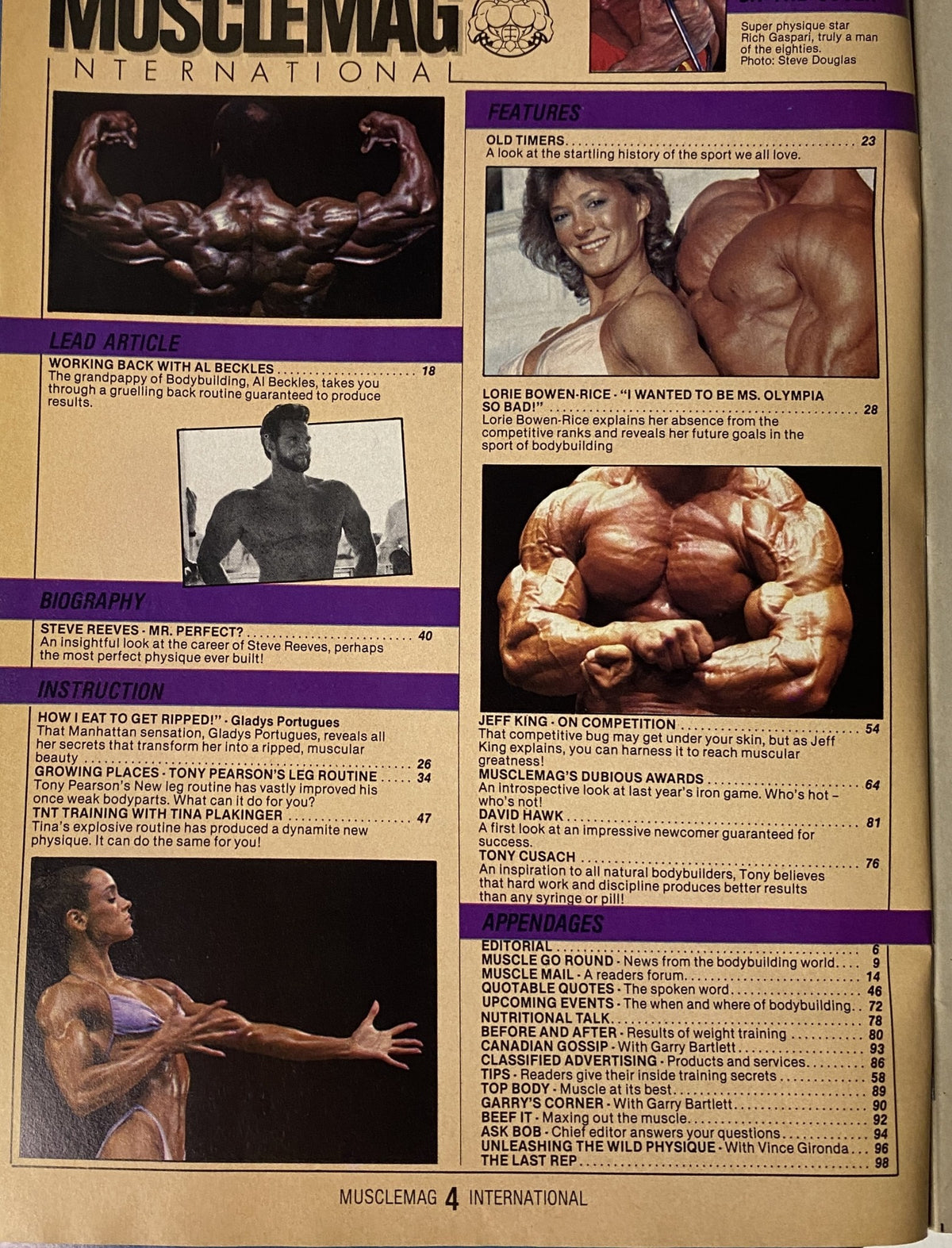 A page from MuscleMag International Magazine February 1986 Vol 11 #1 highlighting features on legendary bodybuilders including Al Beckles and Gladys Portuges.