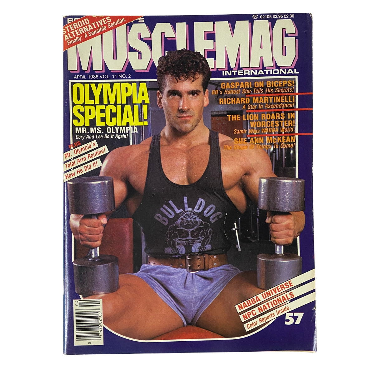 Cover of MuscleMag International Magazine April 1986 Vol 11 No. 2 featuring bodybuilder Bob Paris holding dumbbells, illustrating fitness and bodybuilding culture.