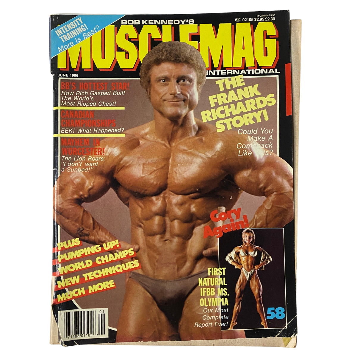 MuscleMag International Magazine June 1986 featuring Frank Richards on the cover, showcasing bodybuilding content and training tips from the golden era of fitness.