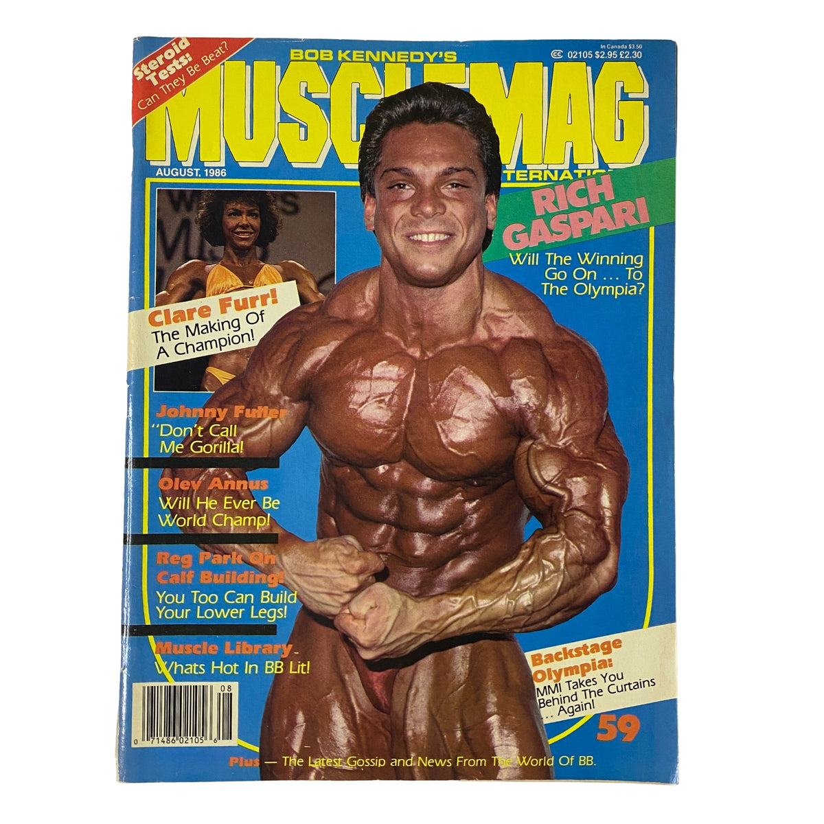 MuscleMag International Magazine August 1986 featuring Rich Gaspari on the cover, showcasing his impressive physique along with Clare Furr's highlight story on becoming a champion and other bodybuilding articles.