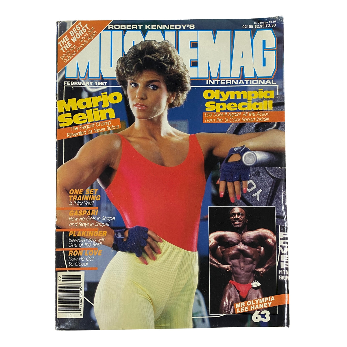 MuscleMag International Magazine February 1987 featuring Marjo Selin on the cover, showcasing a bodybuilding theme with vibrant colors and fitness focus.