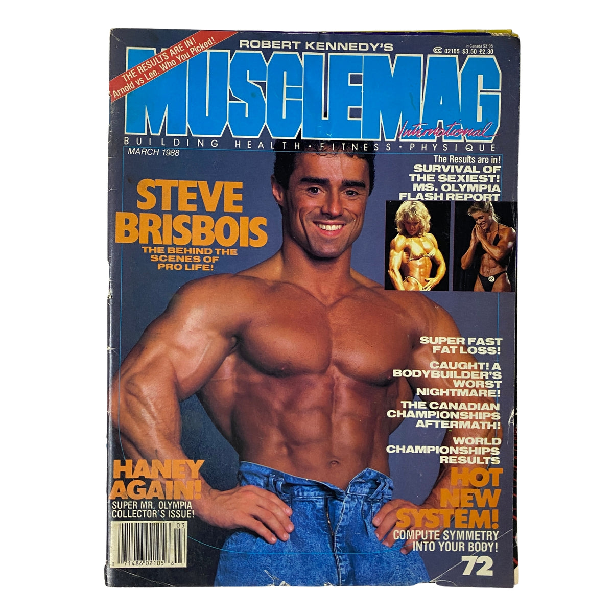 MuscleMag International Magazine March 1988 No. 72 featuring Steve Brisbois on the cover, showcasing bodybuilding themes and professional competition insights.