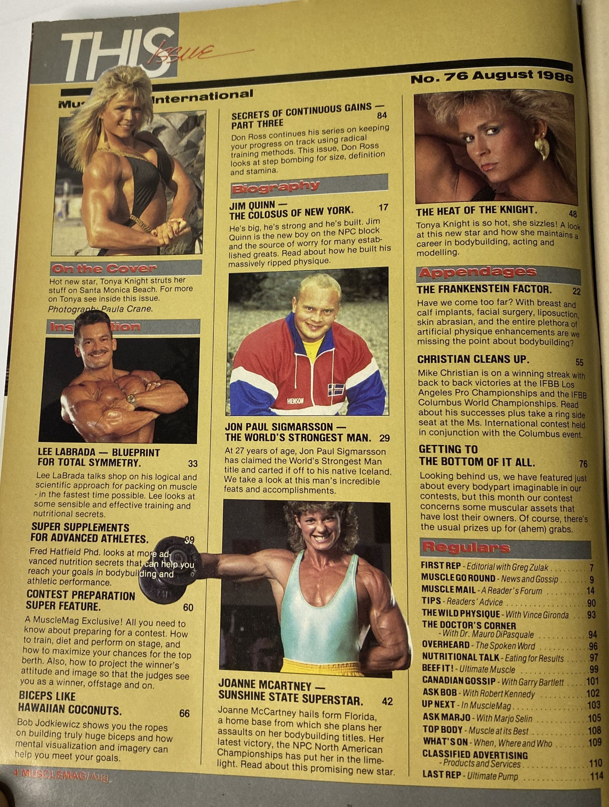 Inside spread of MuscleMag International Magazine August 1988 No. 76, highlighting Tonya Knight and other bodybuilding icons, with articles on training, nutrition, and competition prep.