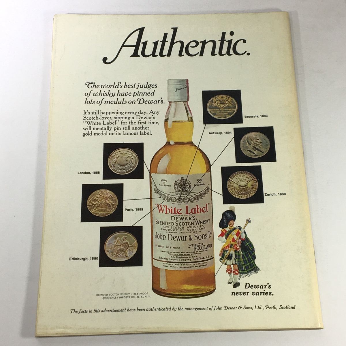 Back cover of the April 1978 Gourmet Magazine advertising Dewar's White Label Blended Scotch Whisky, featuring medals won at various international competitions.
