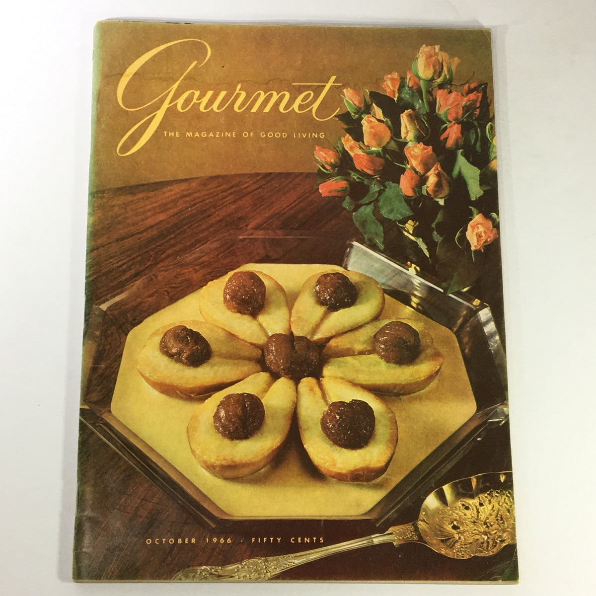 VTG Gourmet The Magazine of Good Living October 1966 cover featuring an elegant dessert presentation on a hexagonal platter, highlighting creative cake decorating ideas.