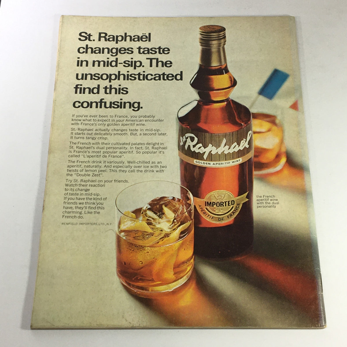 Advertisement from VTG Gourmet: The Magazine of Good Living October 1967 featuring St. Raphaël golden aperitif wine with a glass of drink and ice.