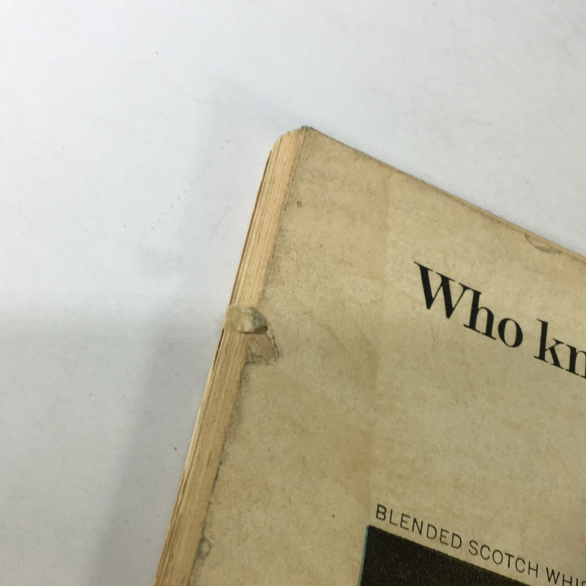 Detail of the back edge damage on the VTG Gourmet Magazine from October 1965, highlighting wear along the spine and a blended scotch whiskey advertisement.