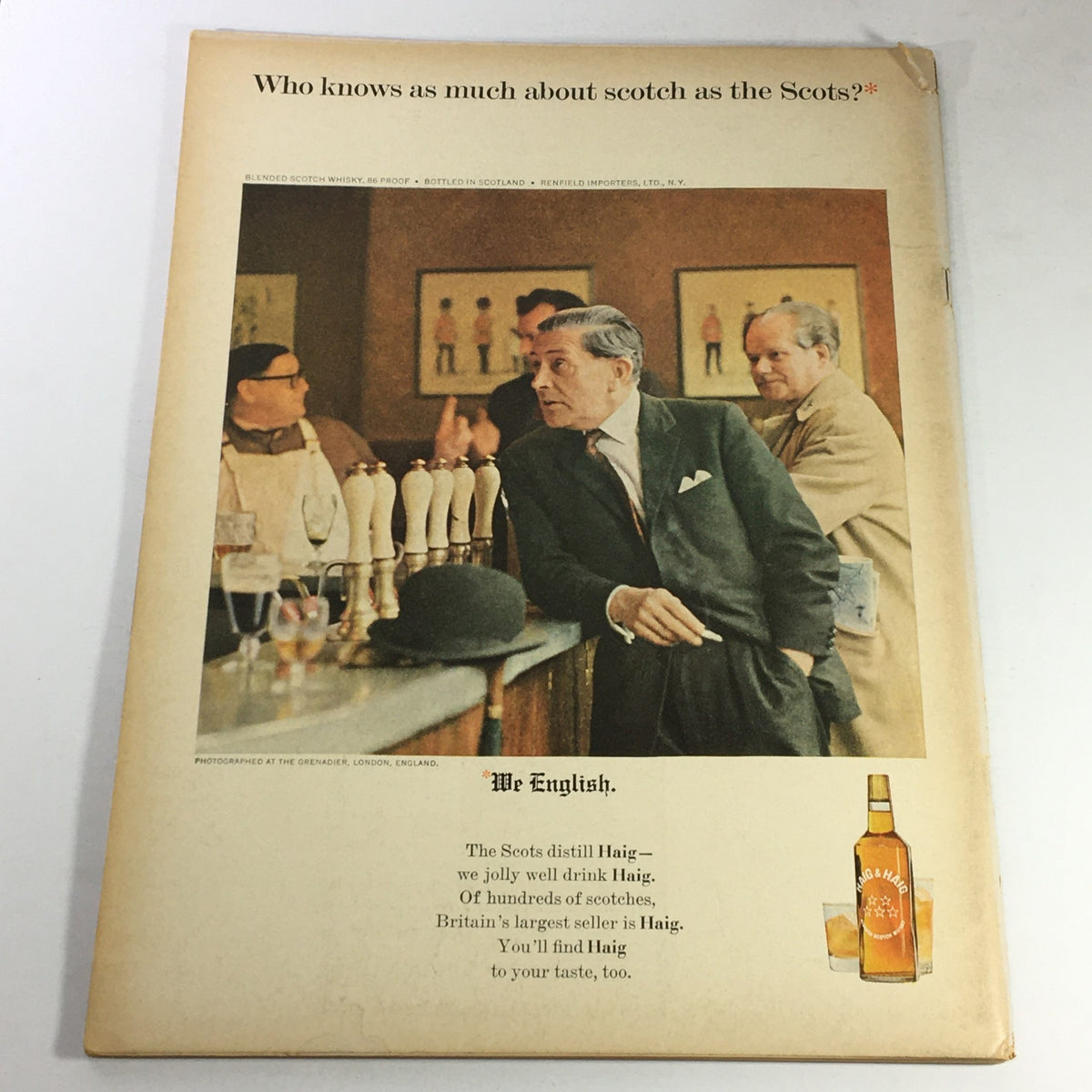 Back cover of VTG Gourmet The Magazine of Good Living October 1965 with an advertisement about Haig scotch, featuring a vintage bar scene with people engaging in conversation.