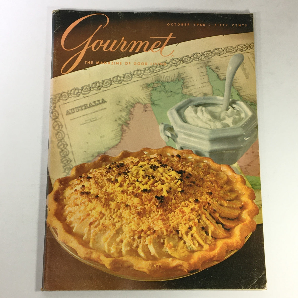 VTG Gourmet The Magazine of Good Living October 1968 cover featuring a delicious pie against a backdrop of a map of Australia.