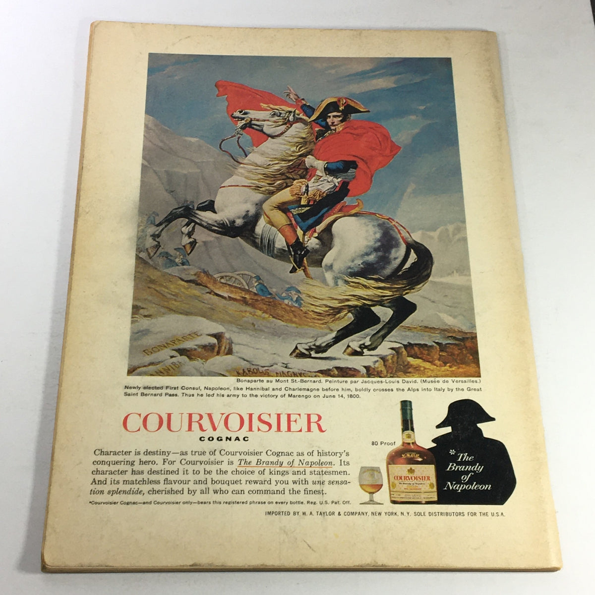 Back cover of VTG Gourmet The Magazine of Good Living May 1968, displaying an advertisement for Courvoisier Cognac, featuring artwork of Napoleon on horseback.