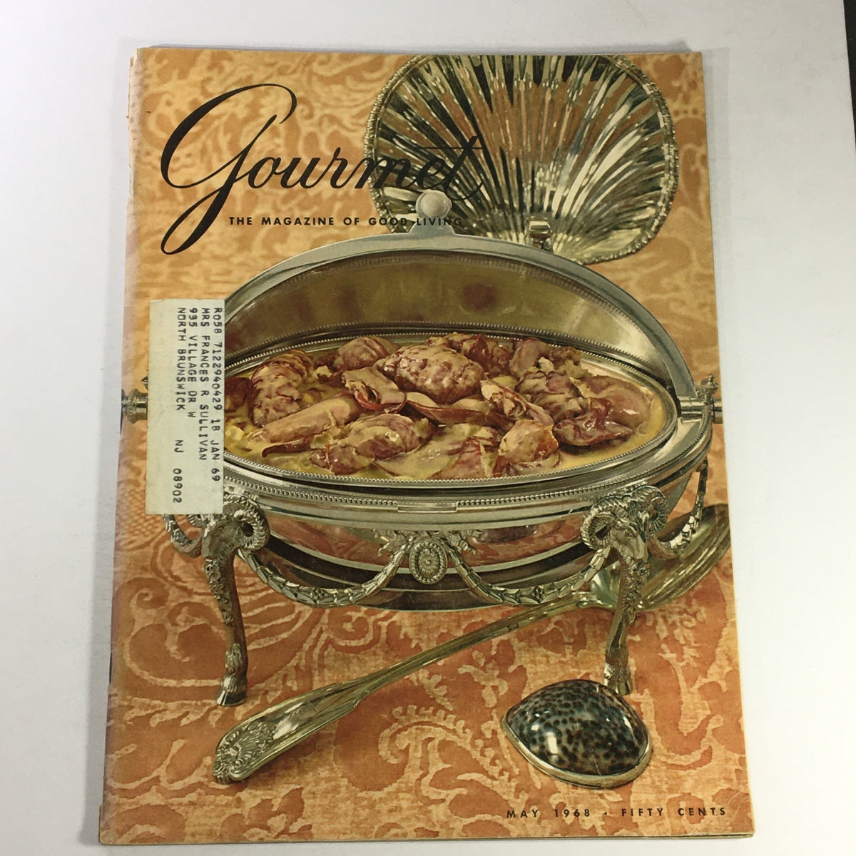 Cover of VTG Gourmet The Magazine of Good Living May 1968 featuring a silver food serving dish with shellfish, reflecting 1960s culinary elegance.