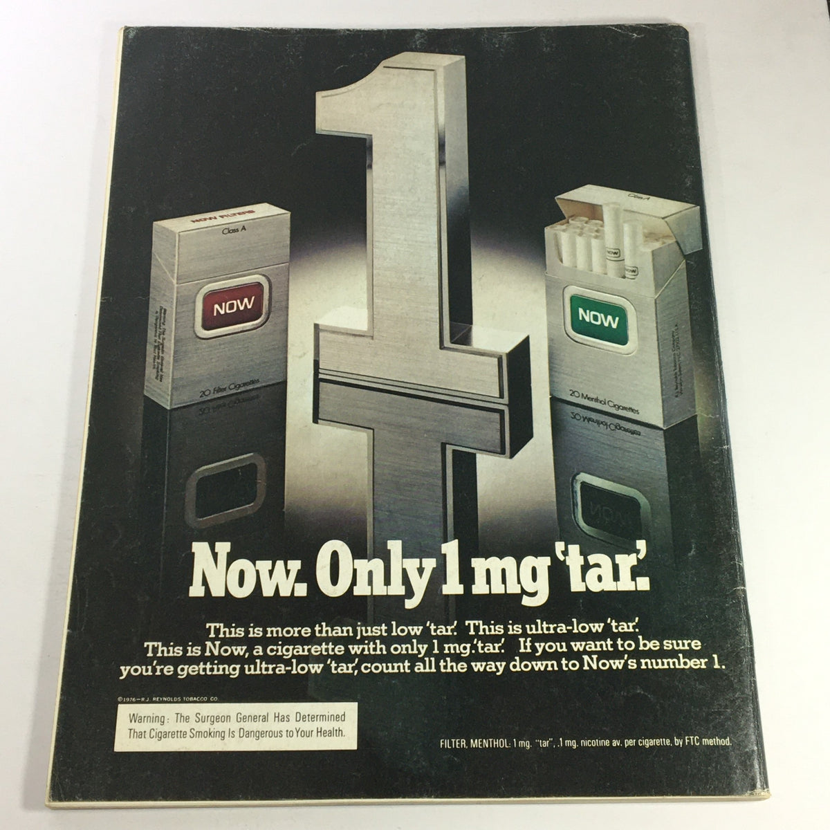Back cover of VTG Gourmet The Magazine of Good Living February 1977 showcasing an advertisement for Now ultra-low tar cigarettes, emphasizing health warnings.