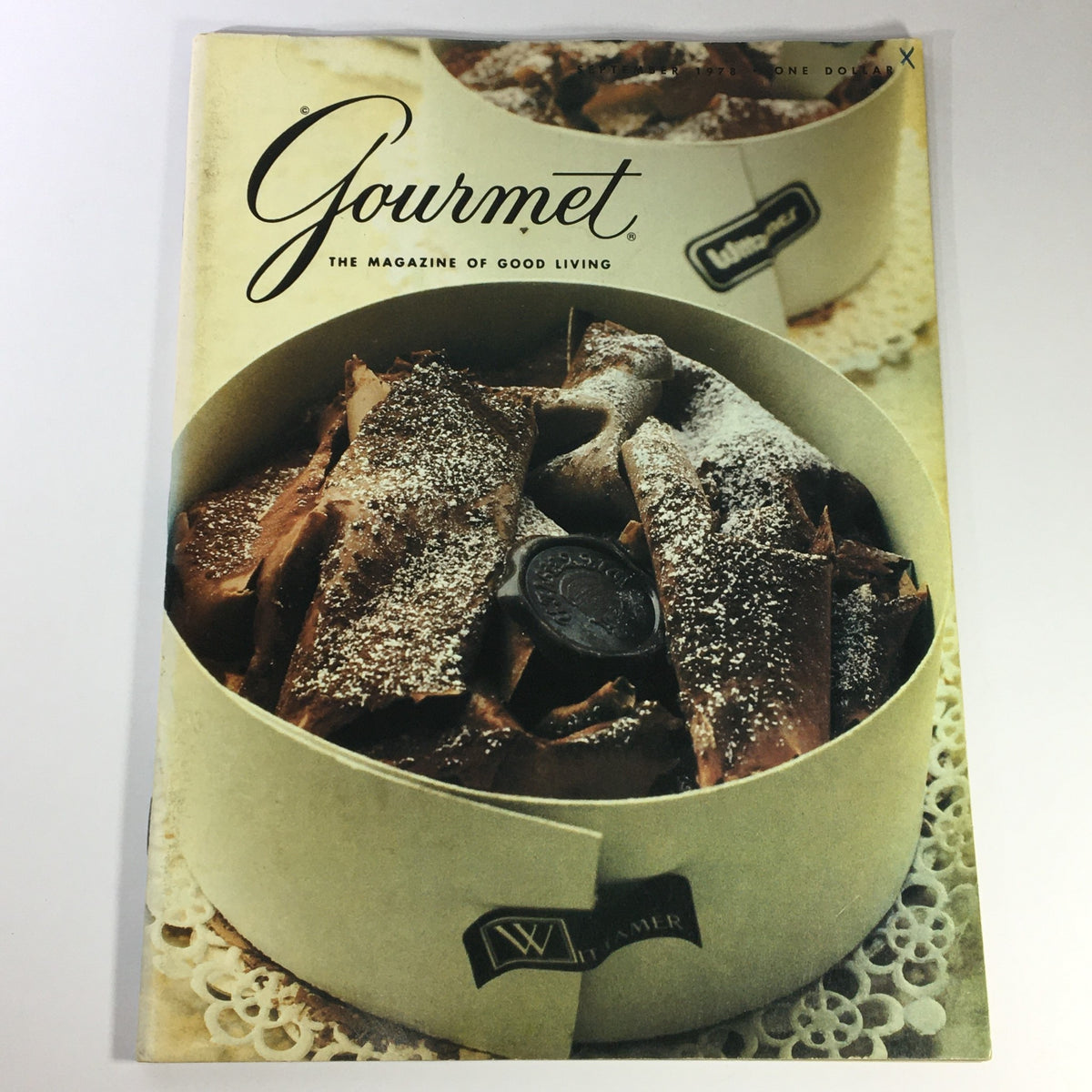 Cover of VTG Gourmet The Magazine of Good Living September 1978 featuring a beautifully presented dessert in a round box, highlighting the elegance of vintage culinary aesthetics.