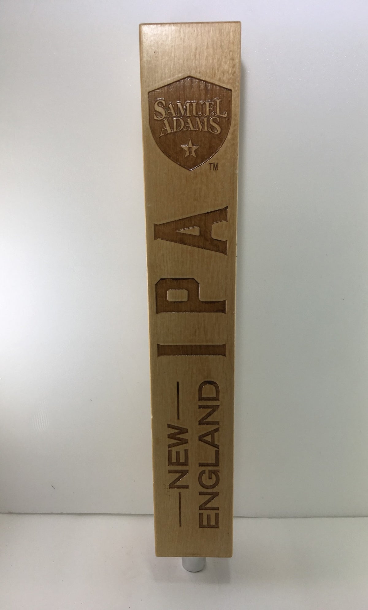 Vintage Samuel Adams New England IPA 13" Beer Tap Handle displayed with a clean background, showcasing the wood grain and engraved logo.