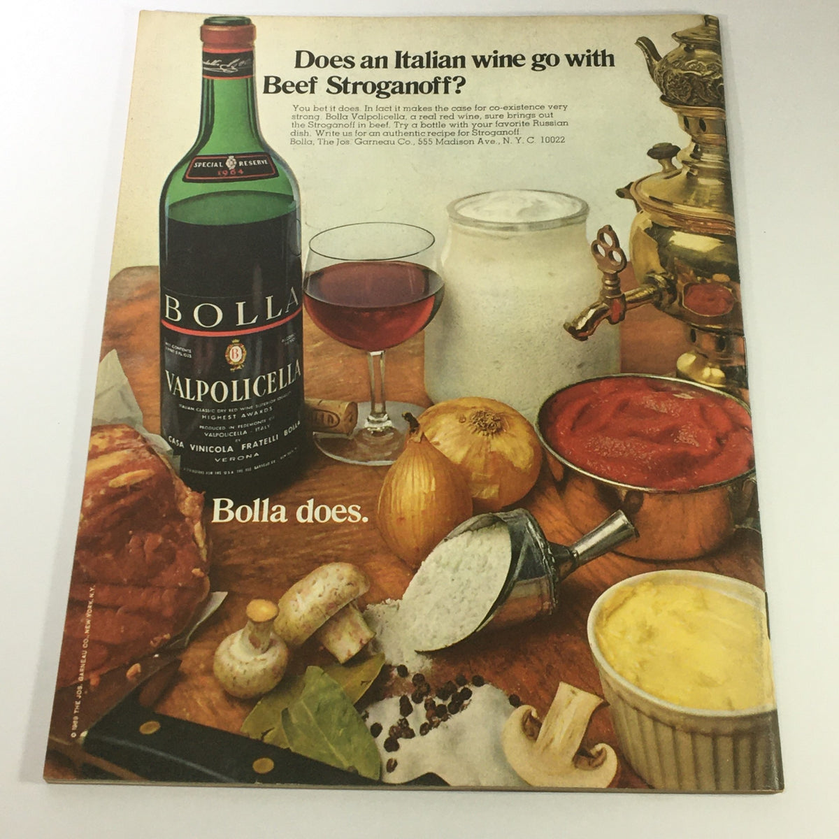 Vintage advertisement for Bolla Valpolicella wine with ingredients for Beef Stroganoff, featured in Gourmet The Magazine of Good Living February 1970.