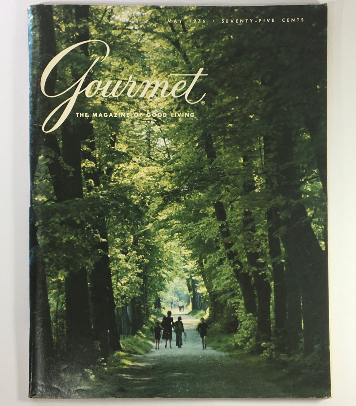 Cover of VTG Gourmet The Magazine of Good Living May 1976 featuring a serene pathway in a lush green forest setting.