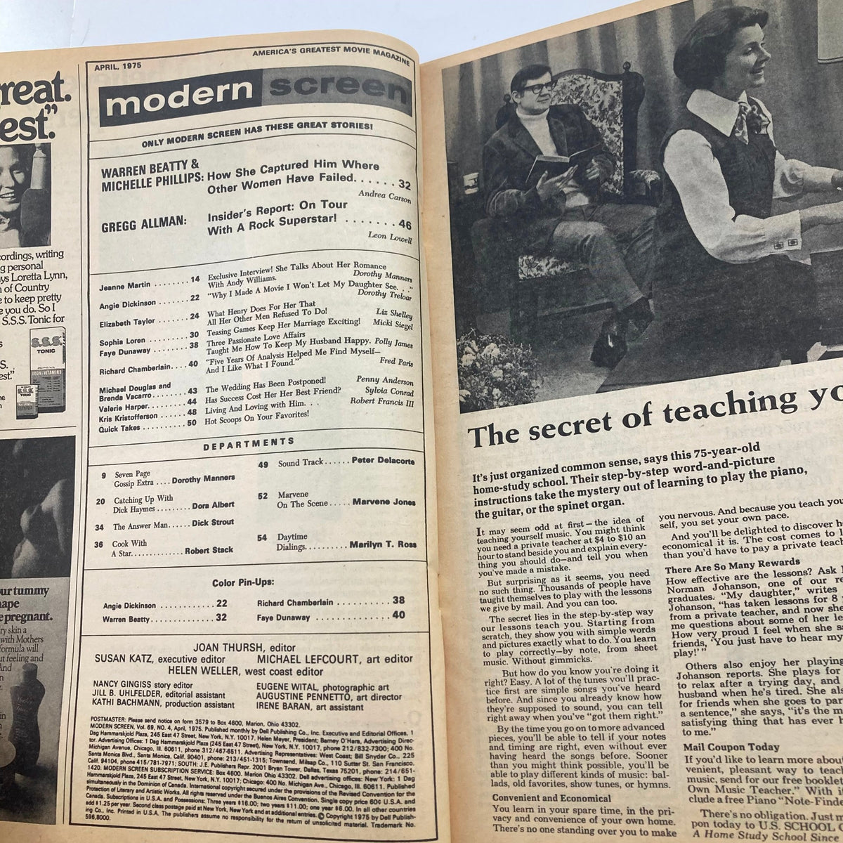 Inside spread of VTG Modern Screen Magazine April 1975 showing magazine content with articles including features on Warren Beatty and Michelle Phillips, and insights into Hollywood of the era.