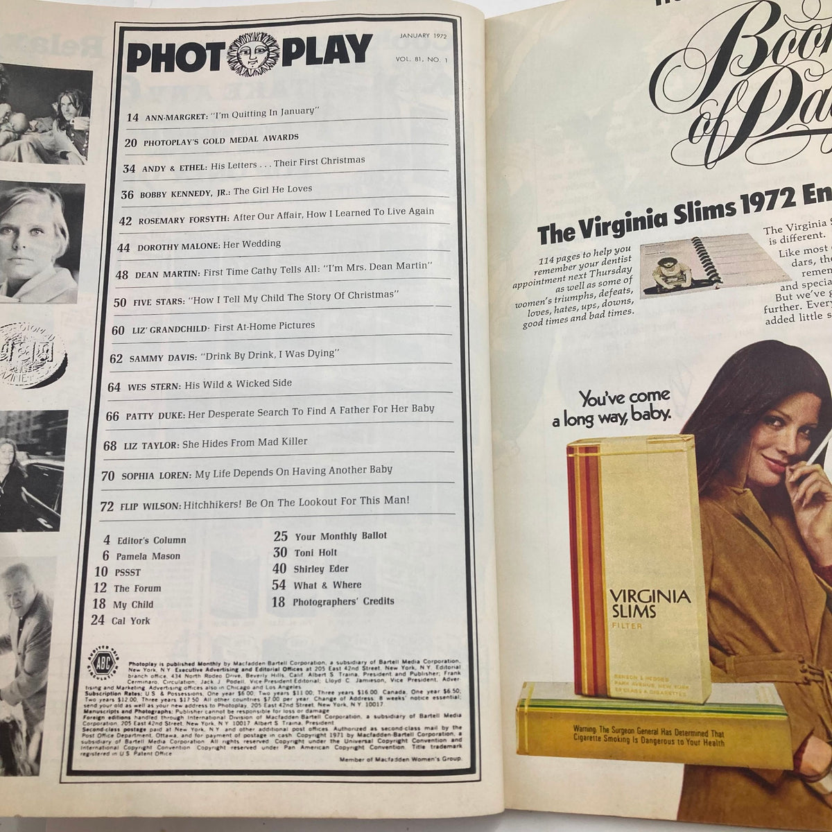 Inside page of VTG Photoplay Magazine January 1972, Volume 81, Number 1, showcasing the table of contents with highlighted articles related to 1970s cinema.