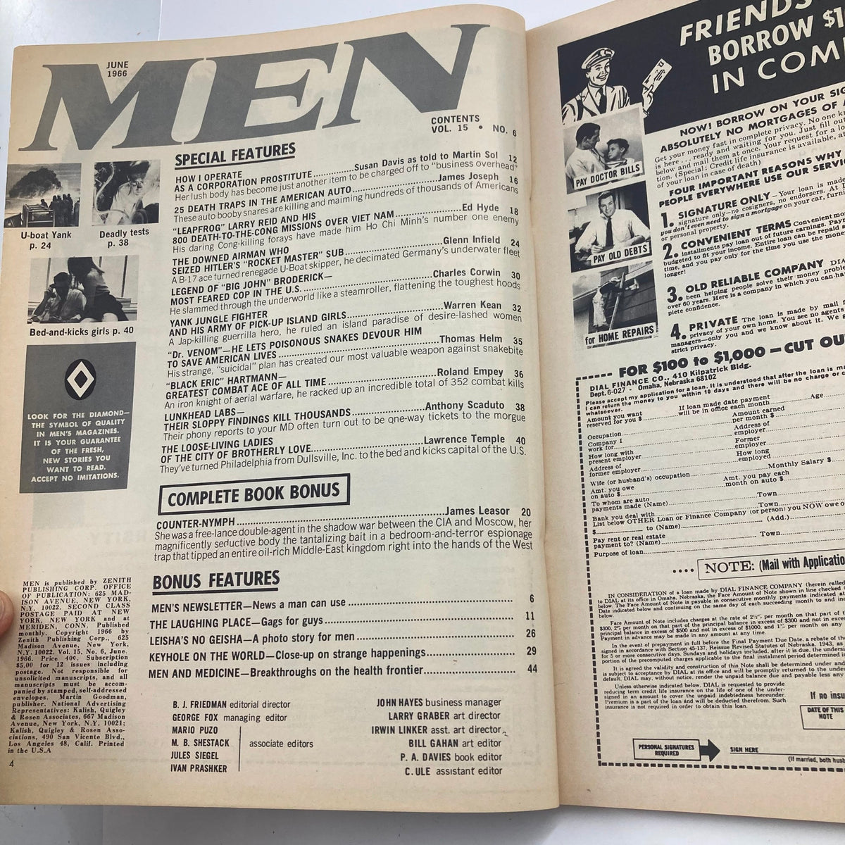 Interior pages of VTG Men Magazine June 1966 Vol 15 #6 displaying the table of contents and advertisements, reflecting the cultural themes and societal influences from the 1960s.