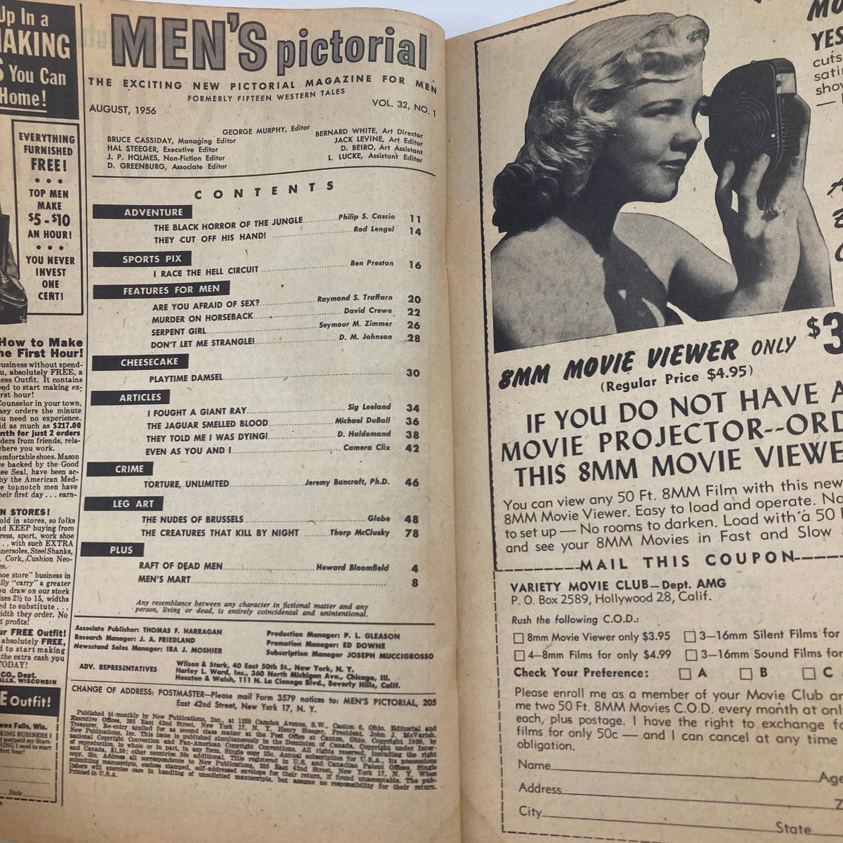 Interior page from the VTG Men's Pictorial Magazine August 1956 featuring the table of contents, including articles on adventure, sports, features for men, and a pictorial titled 'Playtime Damsel'.