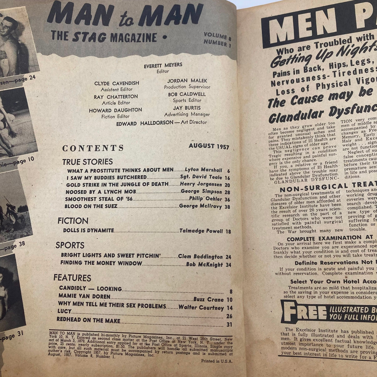 Inside contents page of VTG Man to Man Magazine August 1957 Vol 8 #1, detailing articles and features including Mamie Van Doren's feature.
