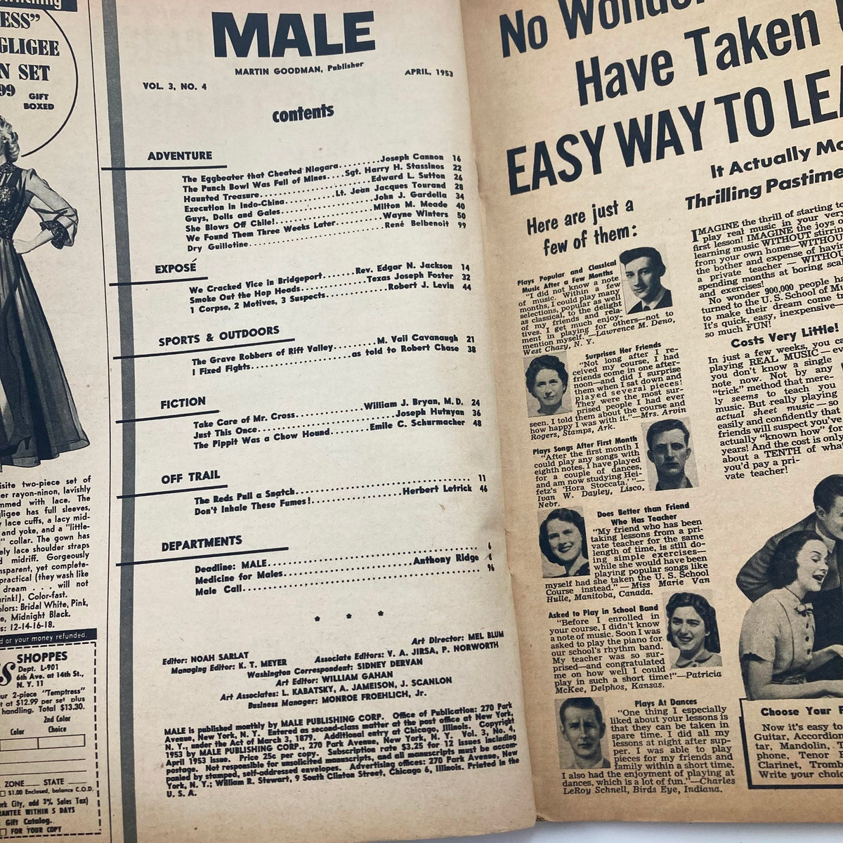 Interior page showcasing the table of contents from VTG Male Magazine April 1953 Vol 3 #4, highlighting various articles and features.