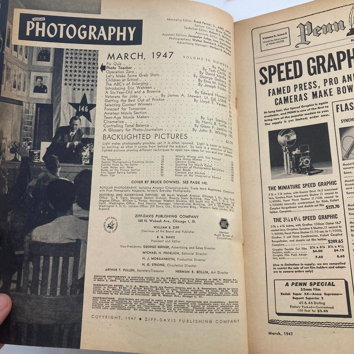 Interior page from the VTG Popular Photography Magazine, March 1947 featuring the table of contents and photography articles on winter photography techniques, ideal for photography enthusiasts and collectors.