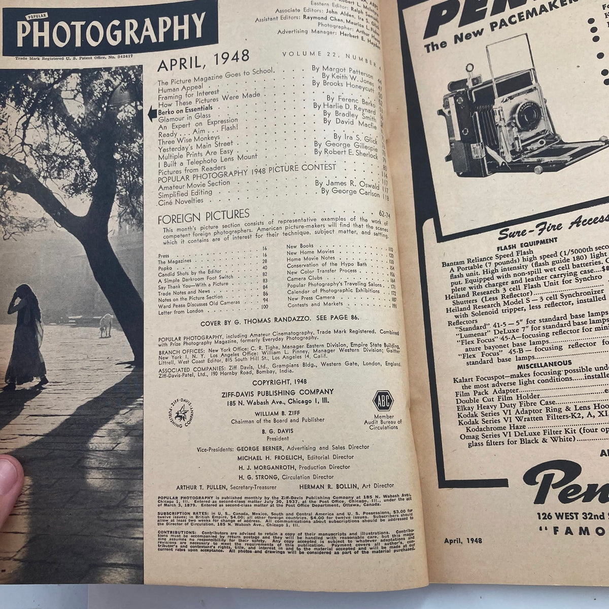 VTG Popular Photography Magazine April 1948 interior page showcasing the table of contents and articles related to photography trends of the late 1940s.