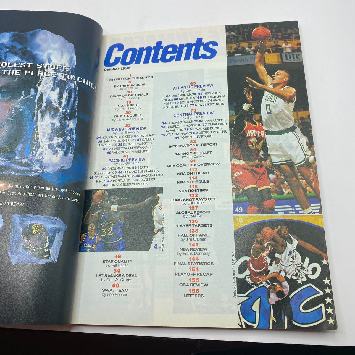 Table of contents from Street & Smith's Pro Basketball Magazine 1995-1996, showcasing features like Atlantic Preview, playoff recap, and player statistics.