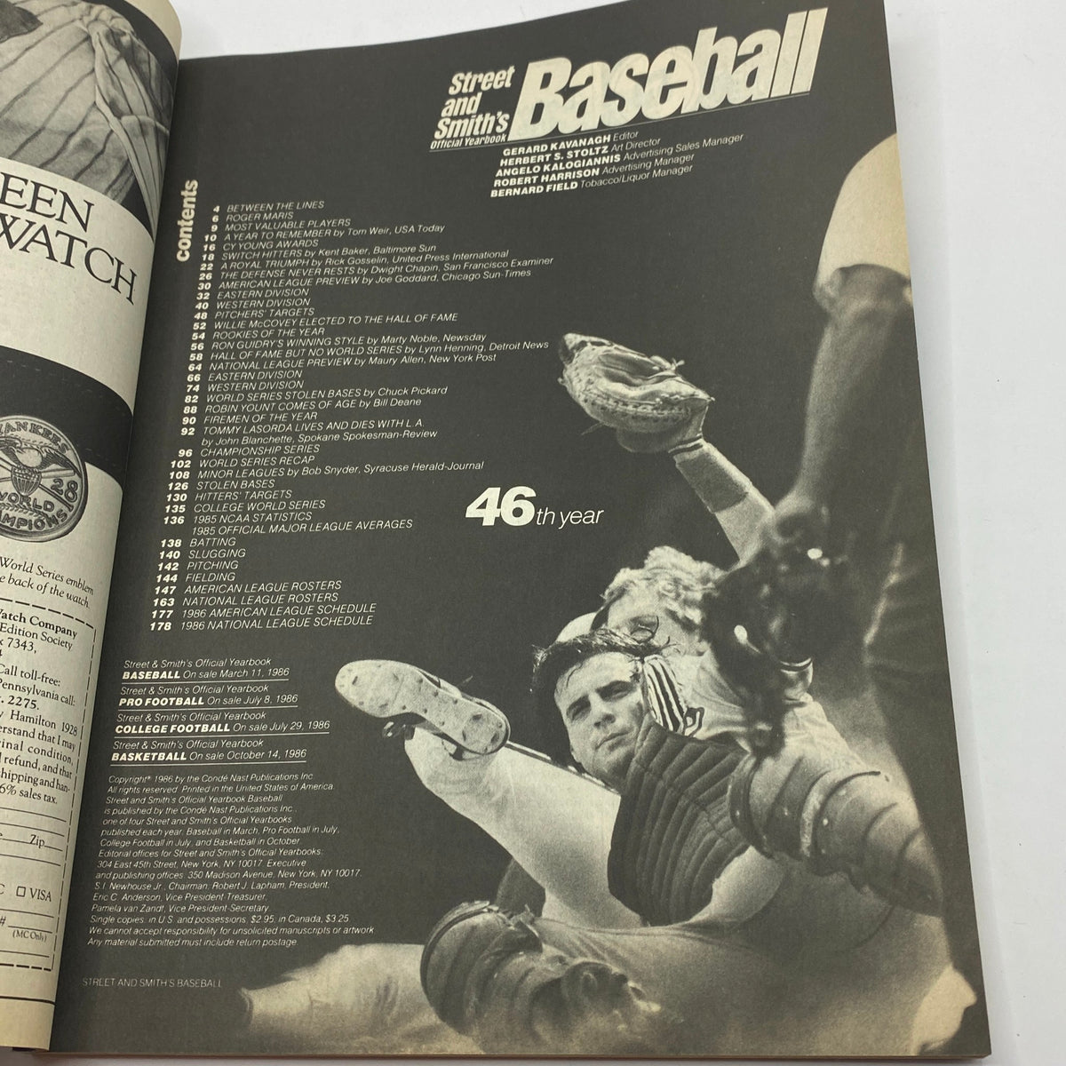 Interior page of Street & Smith's Baseball Official Yearbook 1986 displaying the table of contents, highlighting features and statistics from the 1986 MLB season.