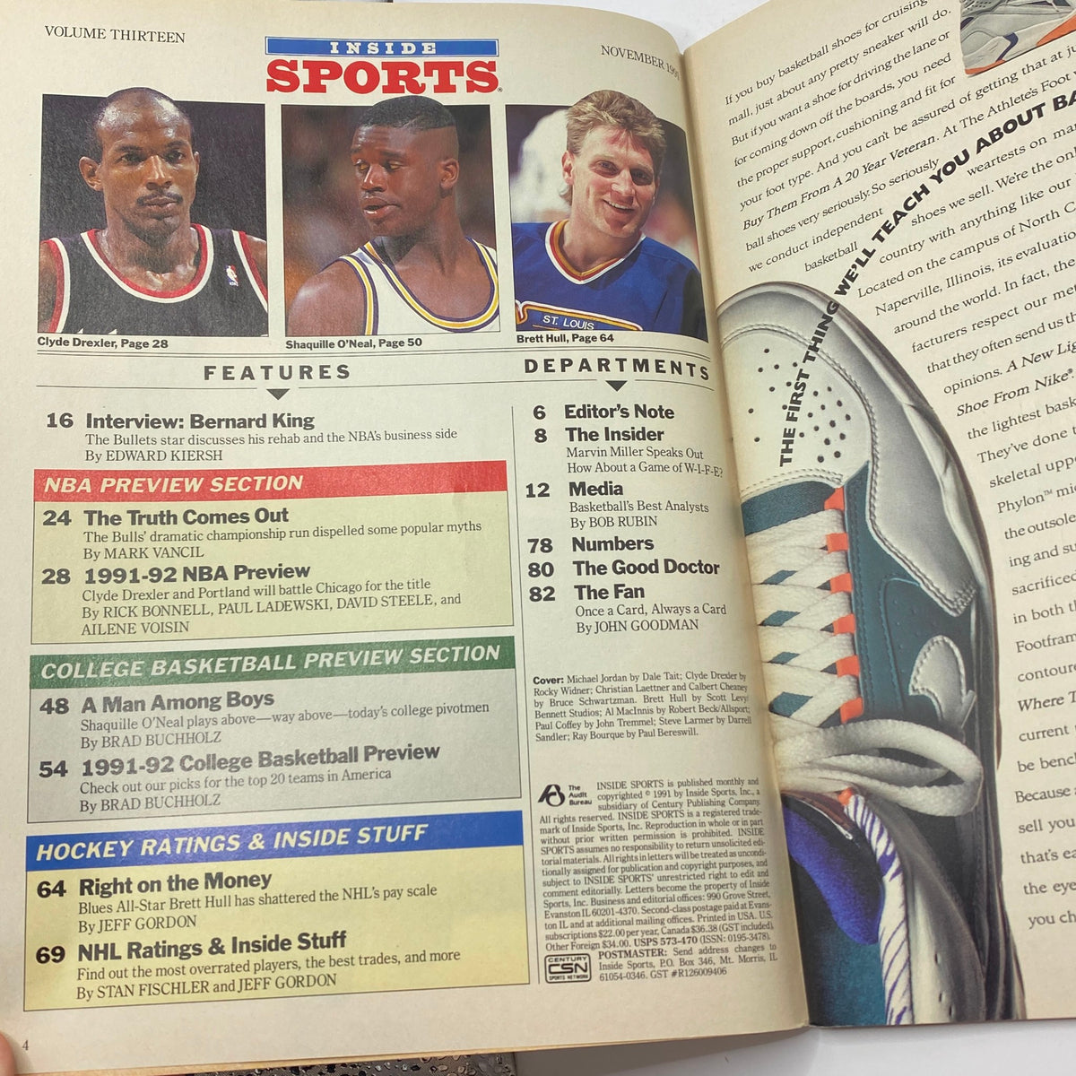 Inside pages of Inside Sports Magazine November 1991 & 1992 NBA & College Basketball Preview, showcasing features and highlights on NBA players and articles.