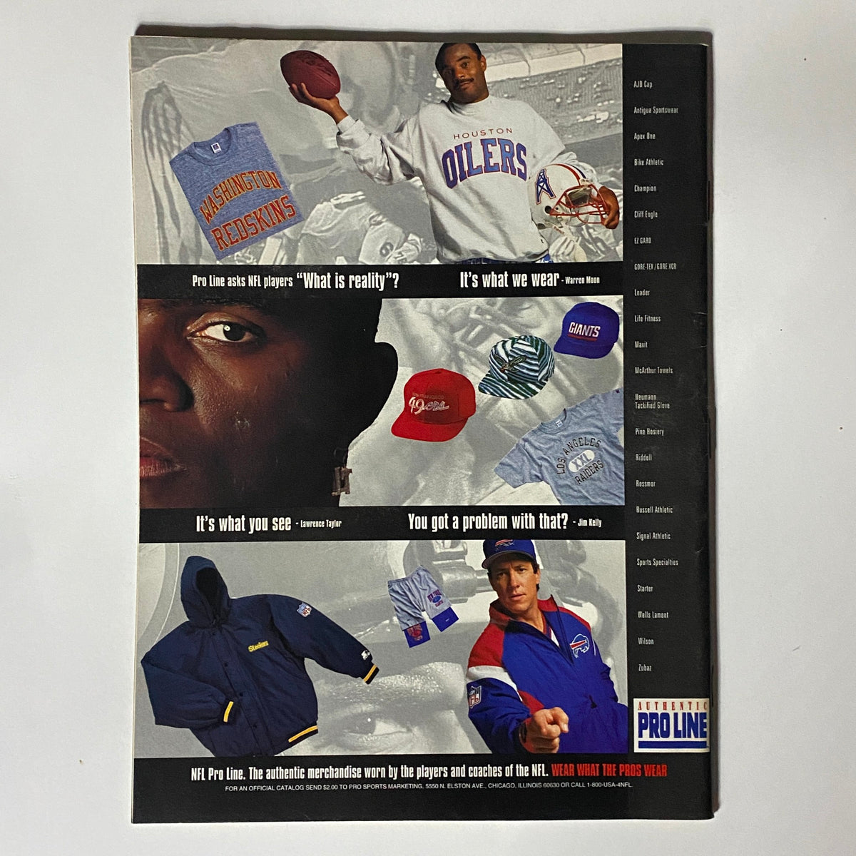 A promotional advertisement from Inside Sports Magazine, October 1991, illustrating NFL Pro Line merchandise, featuring various apparel styles and NFL player endorsements.