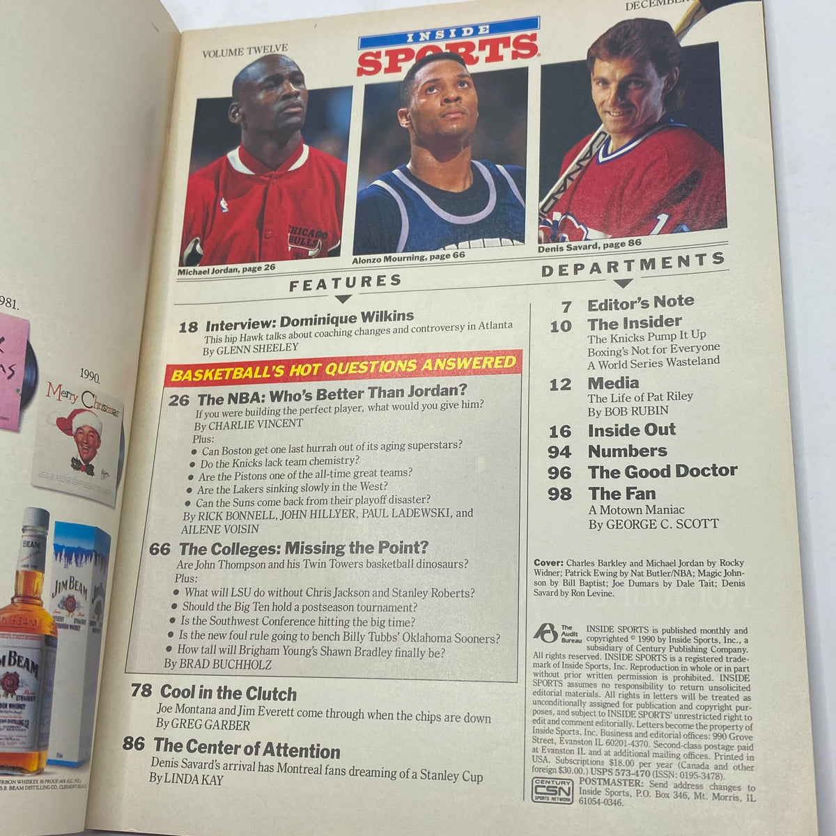 Inside Sports Magazine December 1990 interior page, featuring a section titled 'Basketball's Hot Questions Answered', discussing NBA legends including Michael Jordan and Alonzo Mourning.