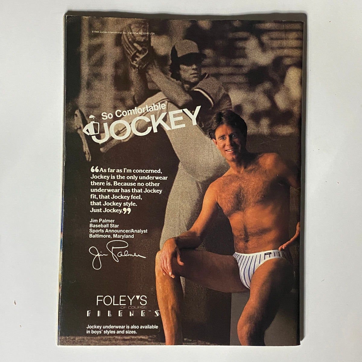 Inside Sports Magazine October 1989 featuring Jim Palmer promoting Jockey underwear, showcasing a vintage advertisement with a baseball theme.